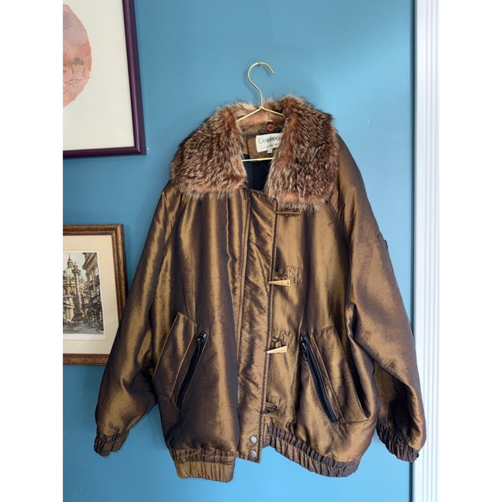 Cambridge Metallic Bronze Bomber with raccoon Fur Trim